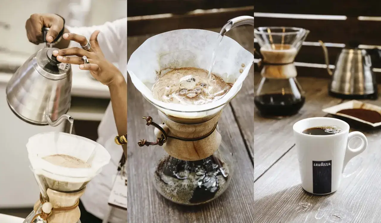 Preparazione di un buon caff&egrave; con metodo Chemex. L'acqua calda scende lentamente sul caff&egrave; macinato, creando un aroma invitante.