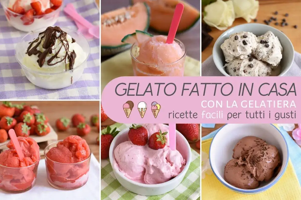 Collage di gelati fatti in casa con la gelatiera: fragola, cioccolato, crema e melone. Ricette facili per tutti i gusti.
