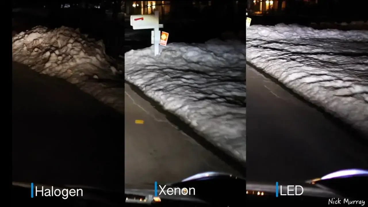 Porównanie oświetlenia: Halogen, Xenon i LED. Xenon świeci jasno na śniegu, LED jeszcze jaśniej.