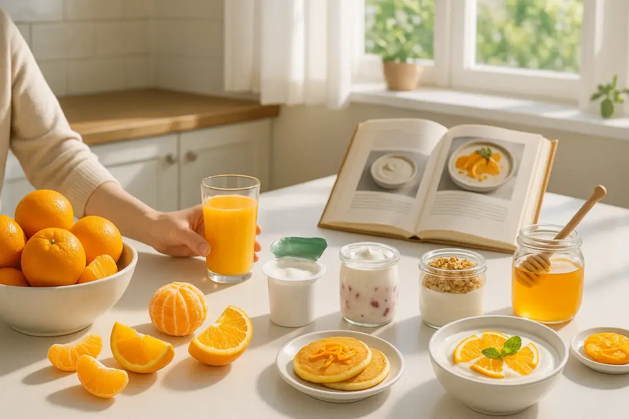 Zdrowy poranek: jogurt naturalny, pomarańcze i miód. Idealne na śniadanie, wspierają zdrowie i mogą pomóc w kontroli cholesterolu.