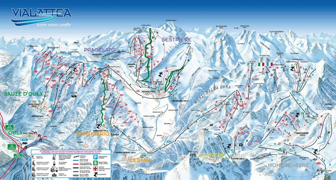 Mapa narciarska Vialattea pokazuje, jakie góry są we Włoszech, w tym Sestriere, Sauze d'Oulx i Montgenevre.
