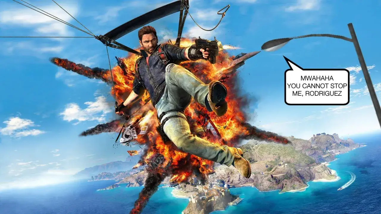 Rico Rodr&iacute;guez, en pleno vuelo y disparando, causa caos en Just Cause 5. Explosiones y un helic&oacute;ptero destrozado lo rodean.