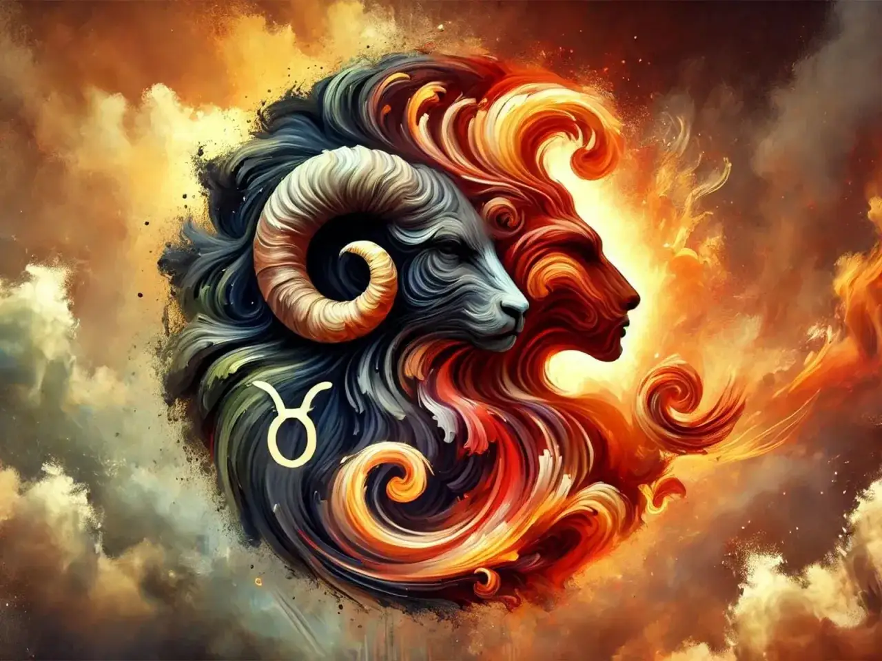 Carnero y le&oacute;n fusionados, s&iacute;mbolo de Aries ascendente Tauro, en un torbellino de fuego y oscuridad.