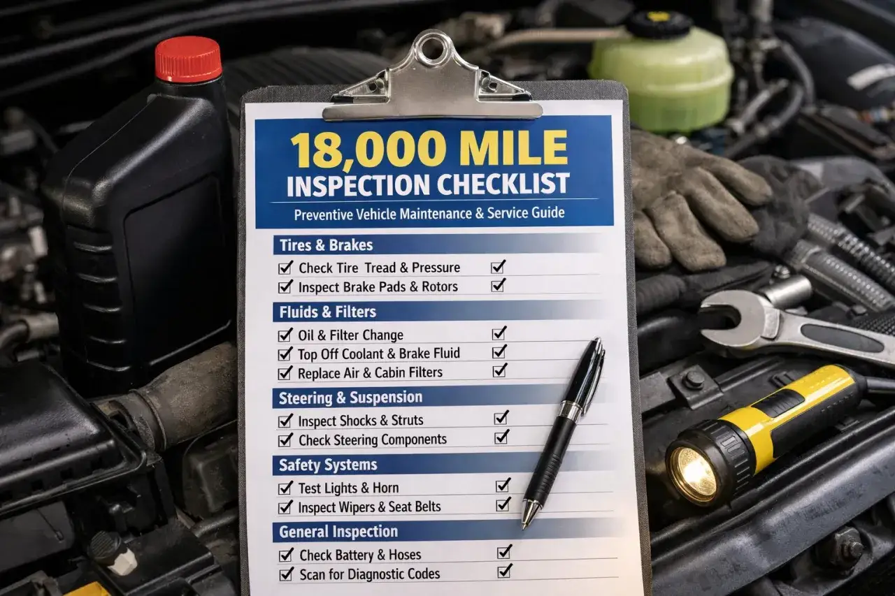 Lista de verificaci&oacute;n para la revisi&oacute;n del coche de 18,000 millas, con herramientas y aceite.