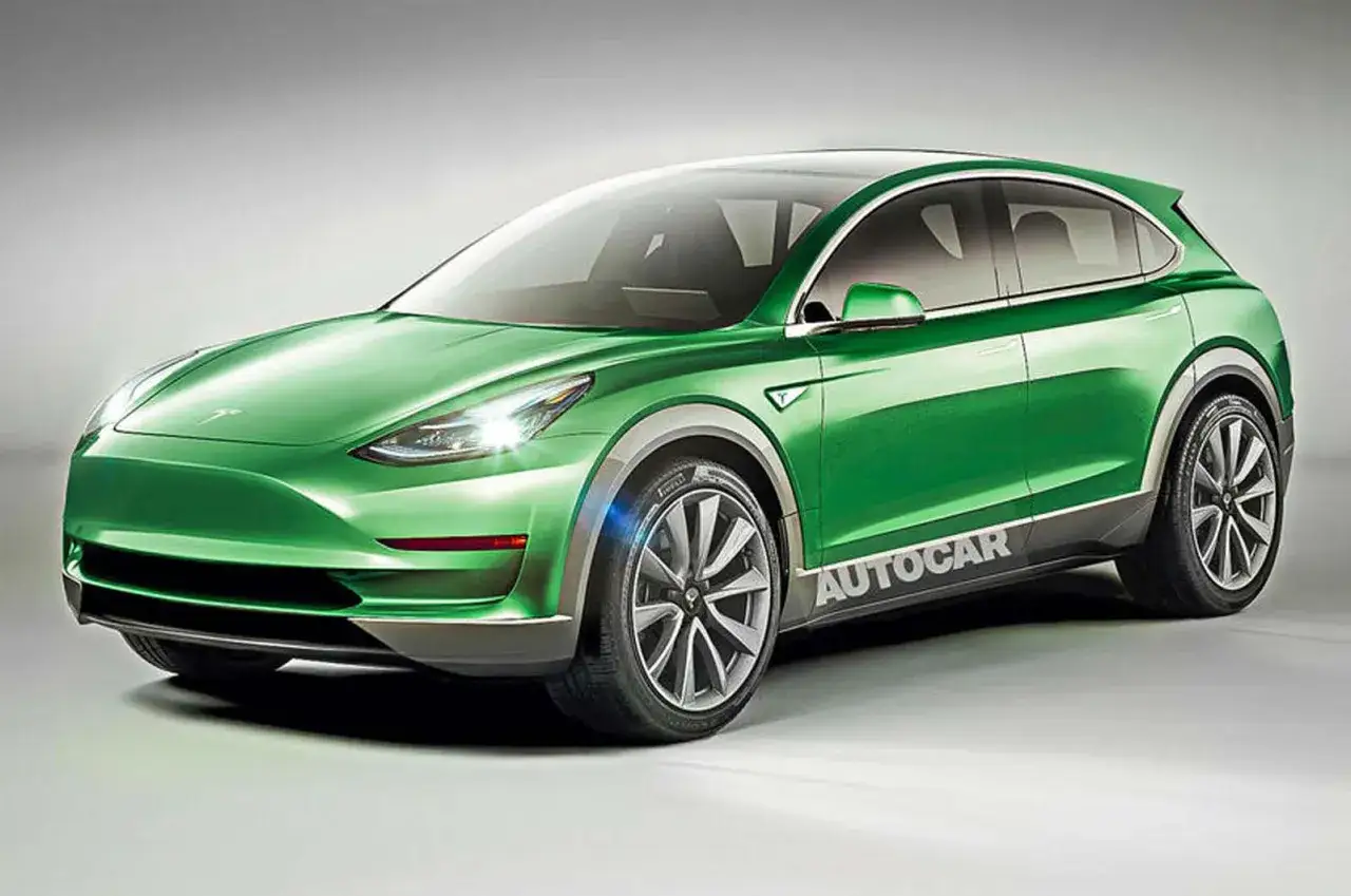 Koncepcyjny zielony Tesla Model 2, crossover z futurystycznym designem i sportowymi felgami, gotowy na podbój dróg.