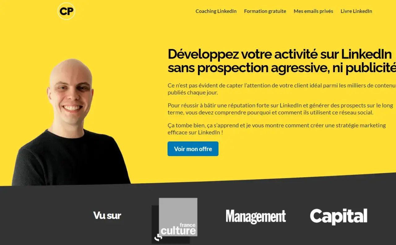 Exemple de promotion d'un livre : un homme souriant sur fond jaune, avec un texte invitant à développer son activité sur LinkedIn.