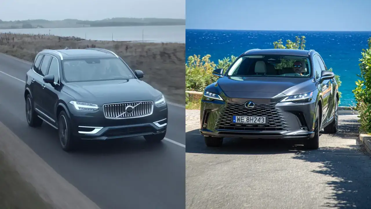 Dwa SUV-y: Volvo XC90 na drodze przy jeziorze i ciemnoszary Lexus 450h z widokiem na morze.