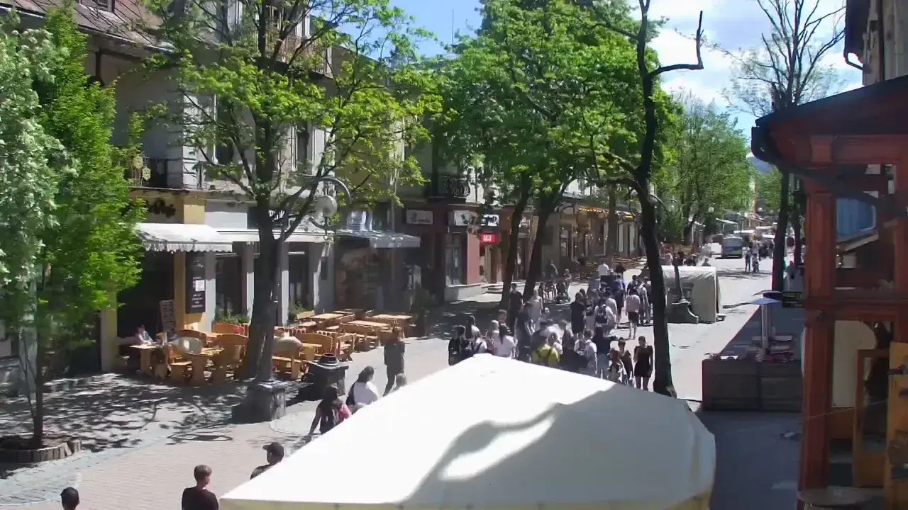 Tłum ludzi spaceruje po tętniącej życiem Krupówkach, otoczeni zielenią i kawiarnianymi ogródkami.