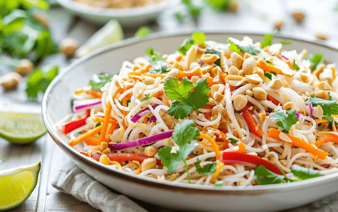 En h&auml;rlig asiatisk nudelsallad med mor&ouml;tter, r&ouml;dl&ouml;k, paprika och jordn&ouml;tter.