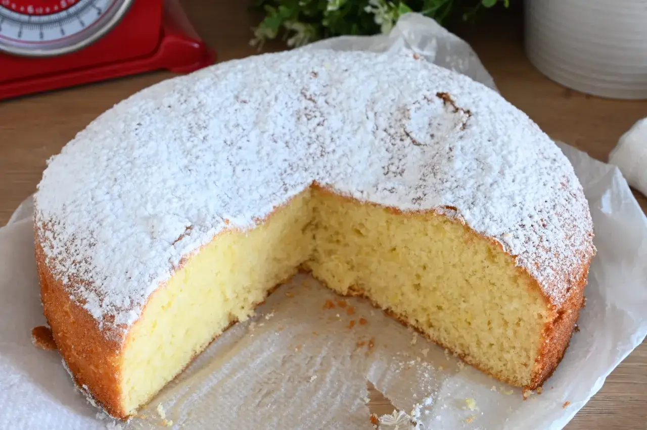 Torta soffice con farina di riso, spolverata di zucchero a velo, pronta per essere gustata.