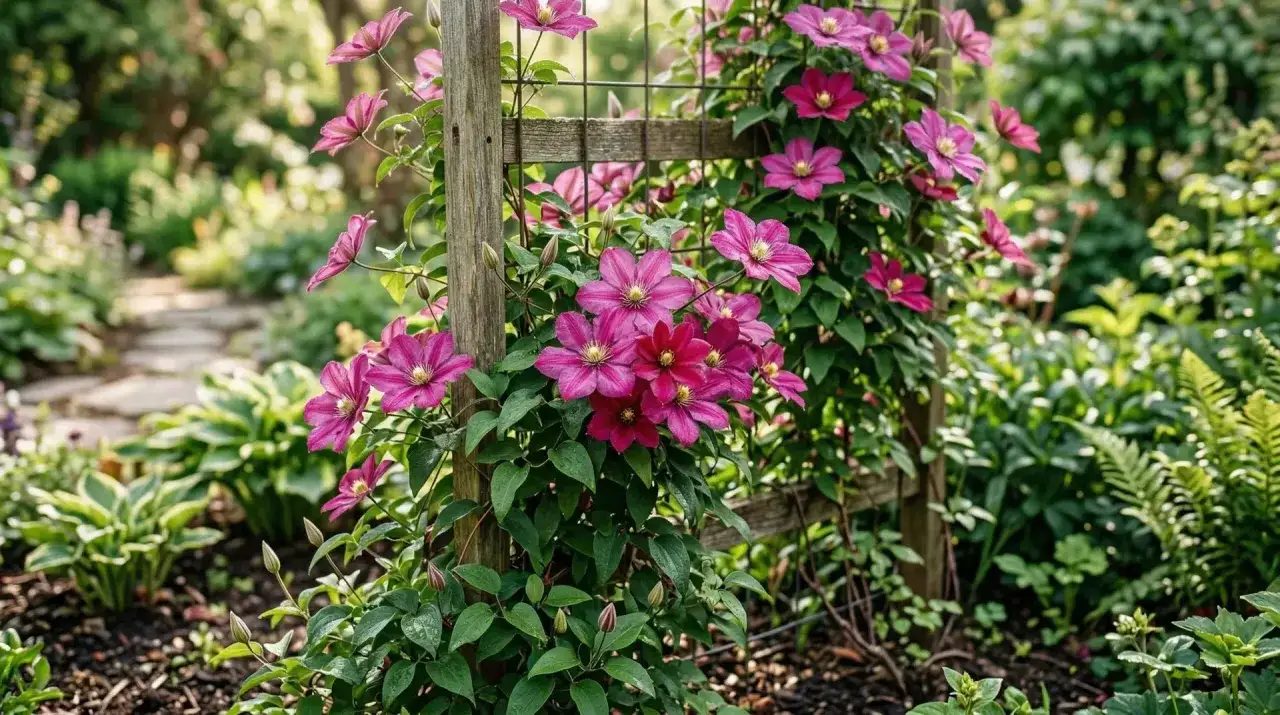 Clematis rankt an einem Holzgitter im Garten. Der ideale clematis standort ist sonnig bis halbschattig.