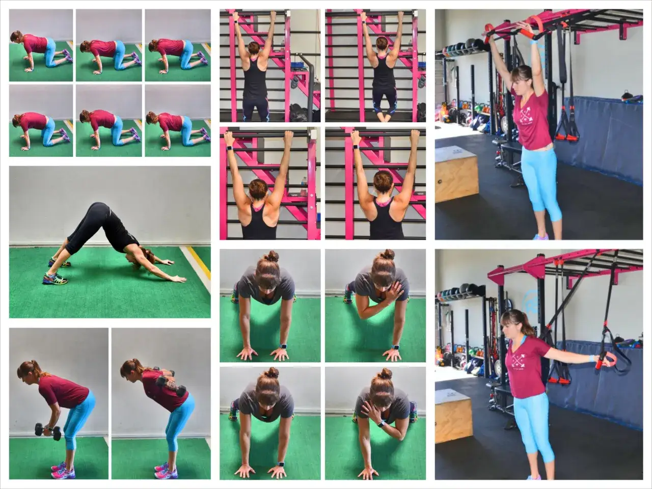 Femme effectuant des exercices pour muscler ses épaules, incluant des tractions, des pompes modifiées et des exercices avec haltères et TRX.