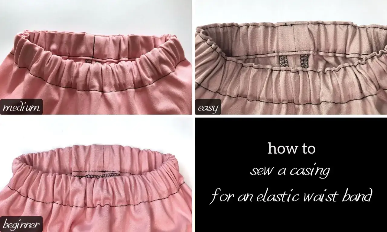 Collage showing three different elastic waistbands on pink fabric, labeled 