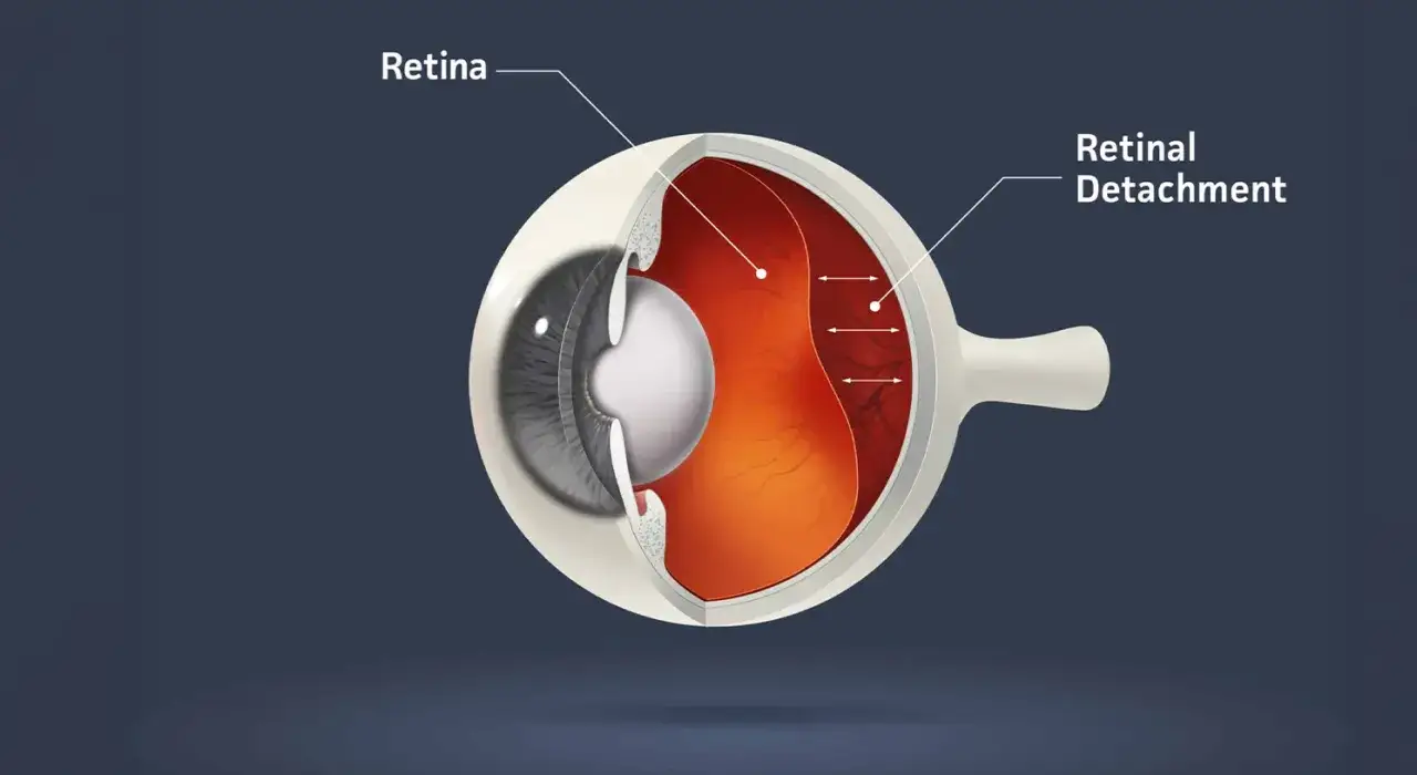 Sezione occhio che mostra il distacco della retina, una condizione che può richiedere un intervento laser.