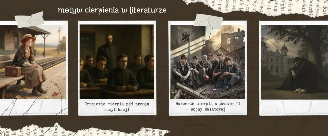 Dziewczynka na stacji, uczniowie w szkole, harcerze wśród ruin i pogrążony w żałobie mężczyzna – obrazy ukazujące motyw cierpienia w literaturze.