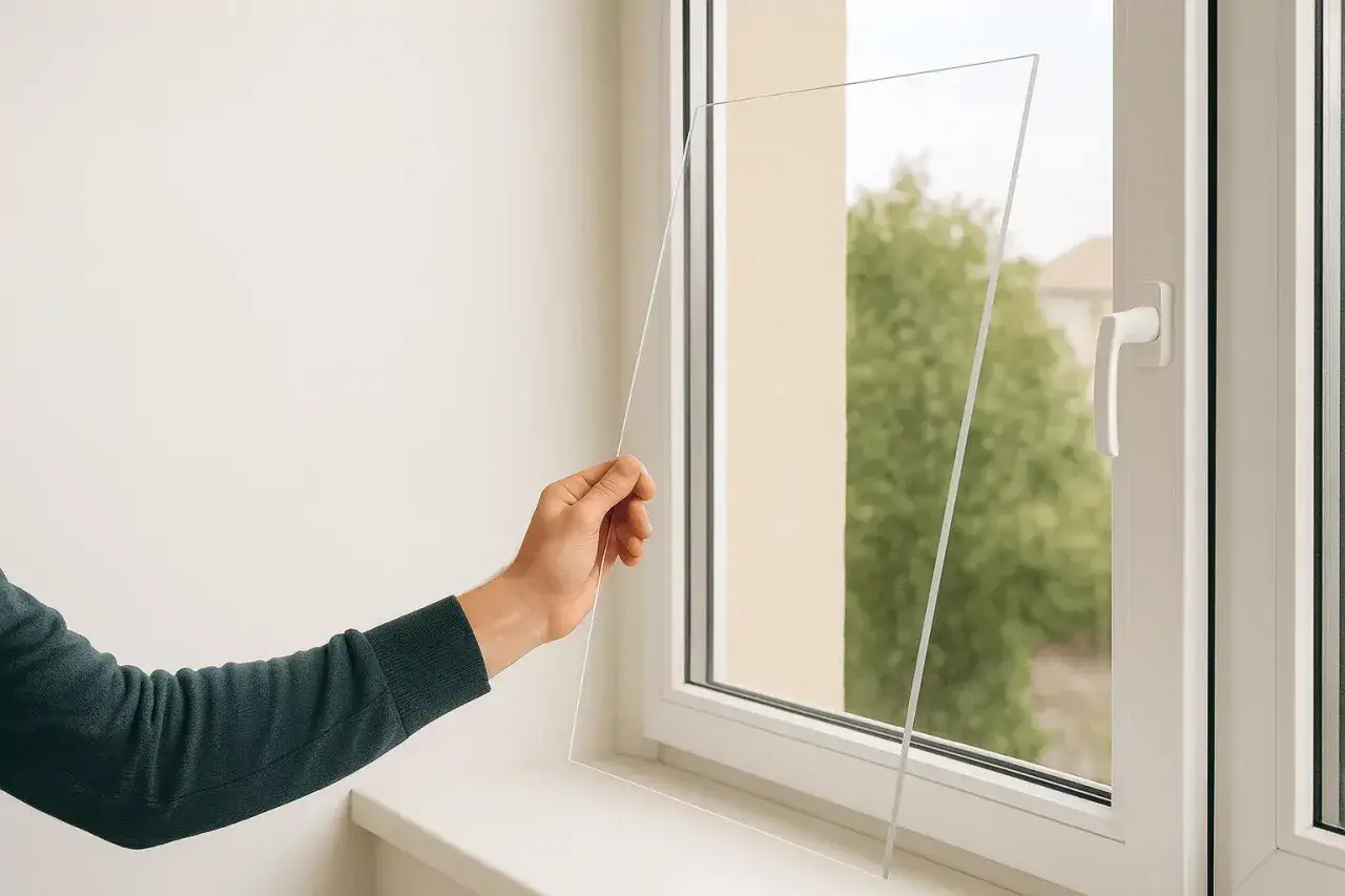 A hand holds a sheet of plexiglass, considering if it can be used for a window replacement.