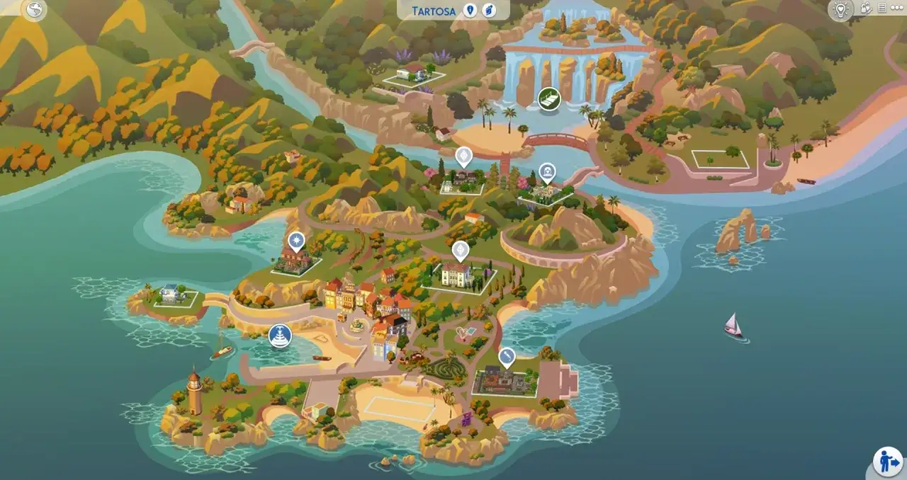 Mapa świata Tartosa w The Sims 4. Widok z lotu ptaka na wyspy, plaże, wodospady i domy.