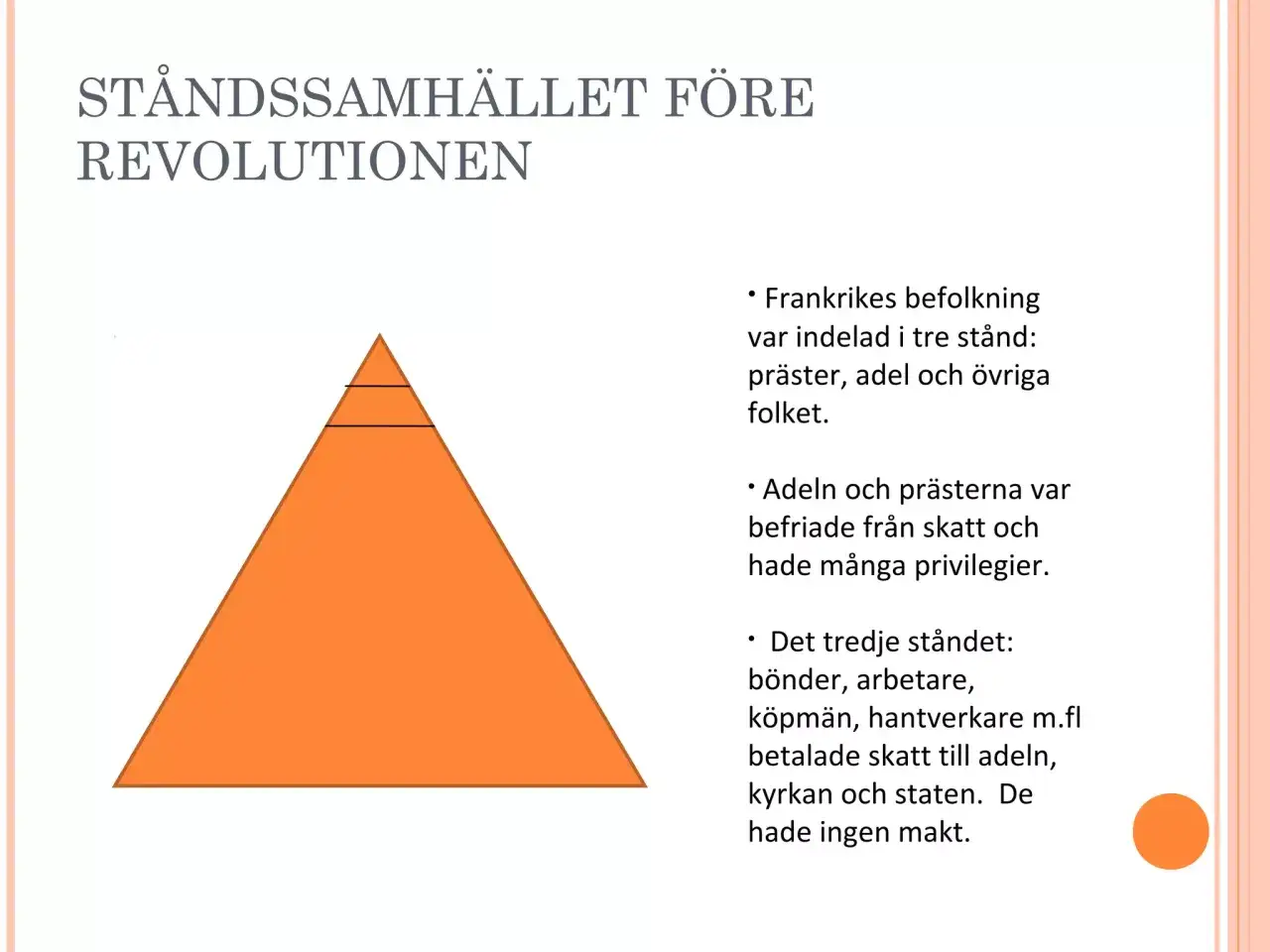 Bilden visar Frankrikes ståndssamhälle före revolutionen, en pyramid som illustrerar de tre stånden och deras ojämlika privilegier, en av orsakerna till franska revolutionen.