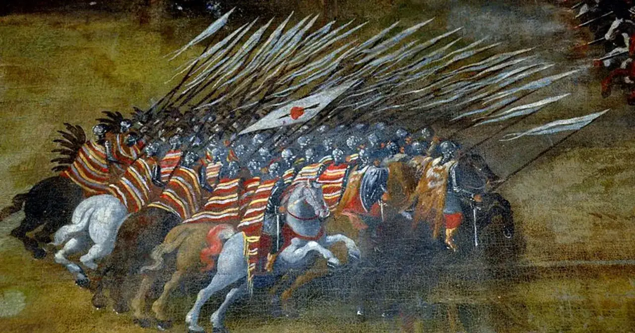 Husaria szarżuje, chorągiew z czerwonym sercem powiewa. Obraz upamiętnia bitwę pod Kłuszynem 1610.