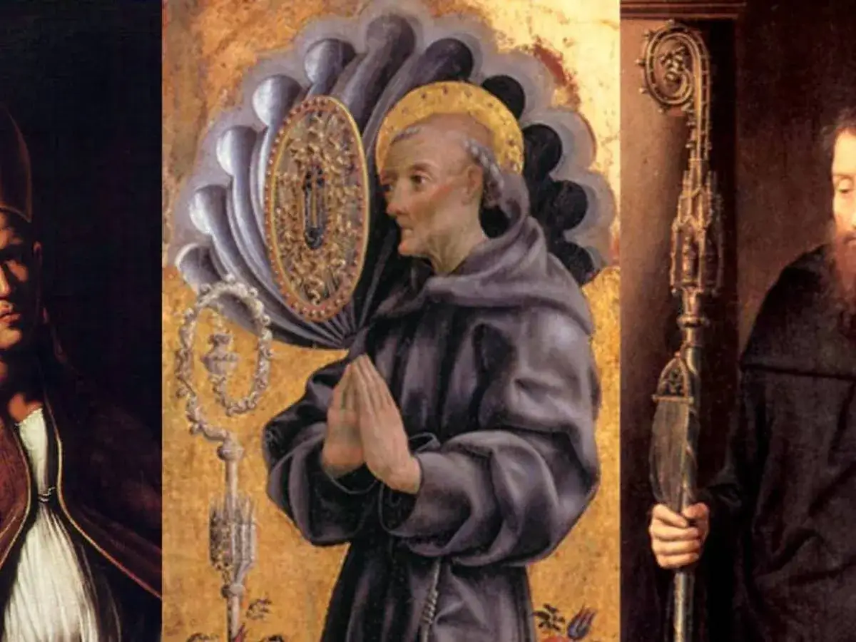 Trzy obrazy przedstawiające świętych w szatach liturgicznych i zakonnych. Zastanawiasz się nad dziwnymi imionami świętych?