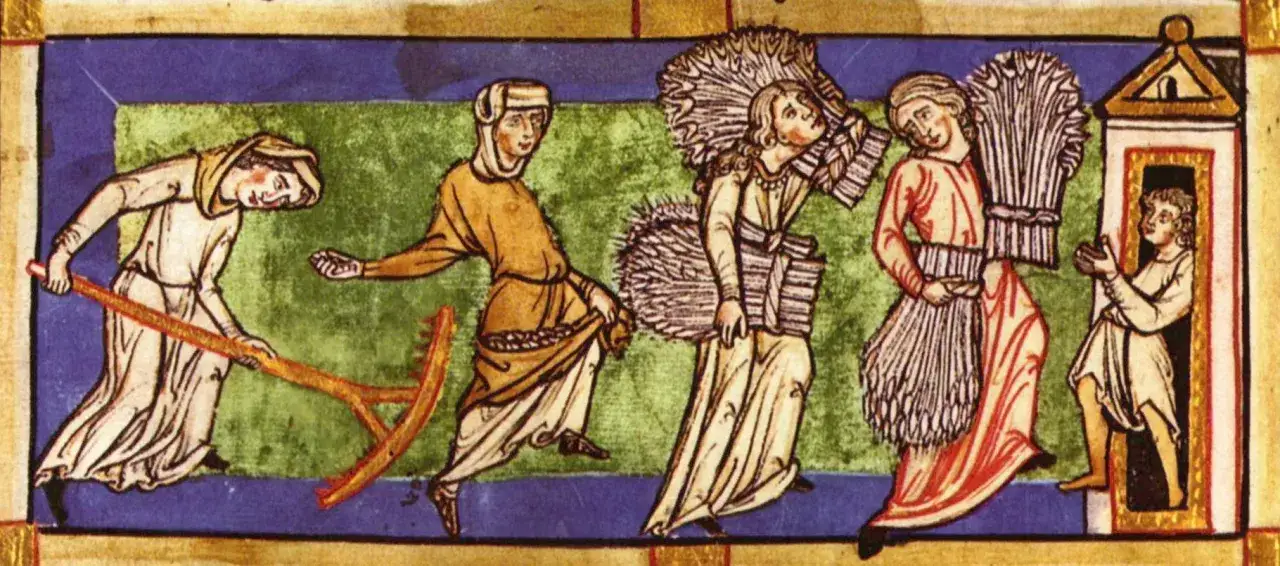 Ilustracja przedstawia scenę z życia chłopów, gdzie jeden z nich pracuje z grabiami, a inni niosą snopy zboża. To satyra na leniwych chłopów, którzy unikają pracy.