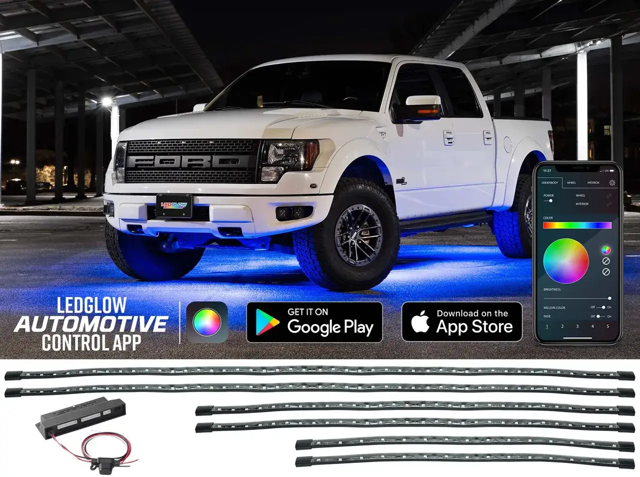 Camion blanc illuminé par des lumières LED bleues sous le châssis. Une application mobile permet de contrôler le **led signification** et la couleur.