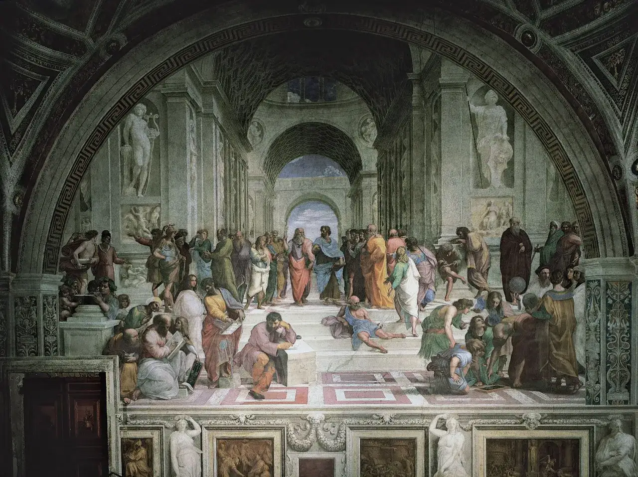 De School van Athene: een fresco met filosofen in een klassieke architectuur. Plato en Aristoteles staan centraal, omringd door denkers.