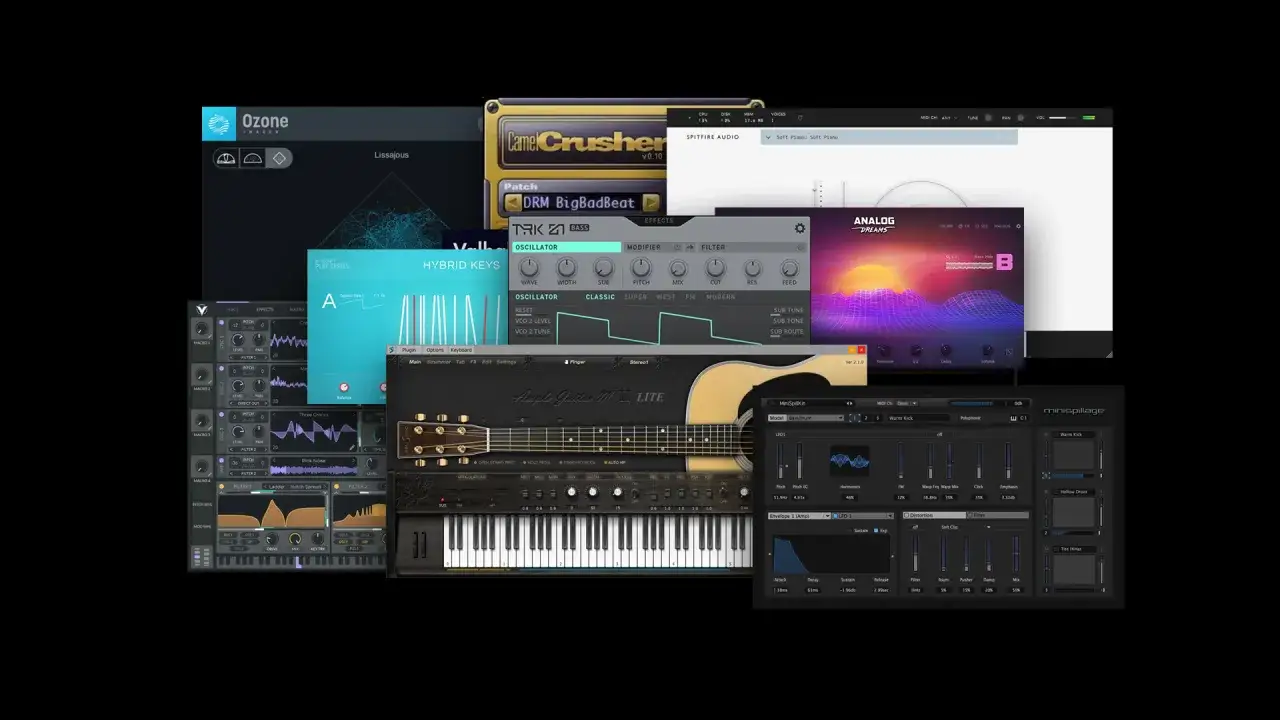 Une collection d'interfaces de plugins pour FL Studio, dont un plugin fl studio gratuit, avec des synth&eacute;tiseurs, des guitares et des effets.