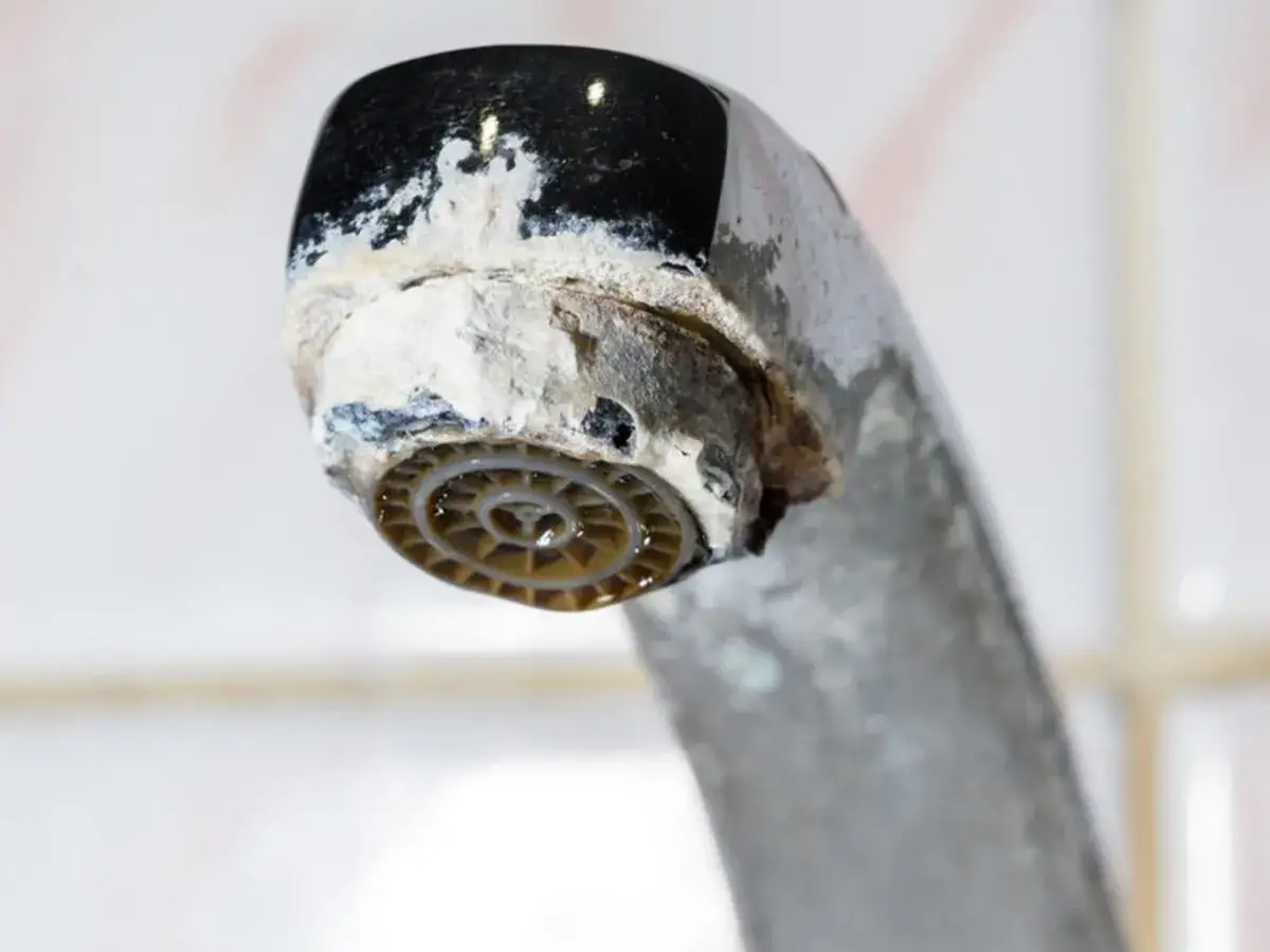 Kalkablagerungen am Wasserhahn. Essigessenz ist eine gute Lösung für die surige Anwendung zur Reinigung.