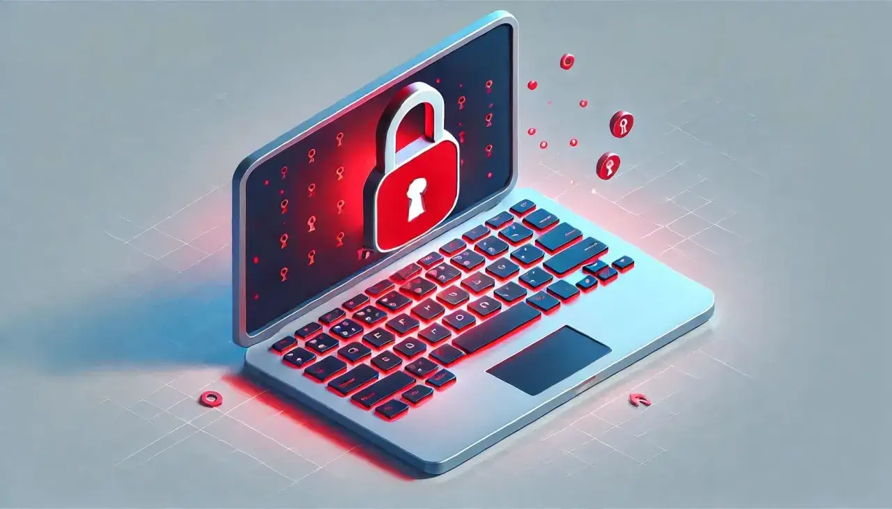 Laptop z czerwonym zamkiem na ekranie, symbolizującym bezpieczeństwo. Wokół unoszą się małe ikony kłódek, sugerujące ochronę przed zagrożeniami, takimi jak keylogger.