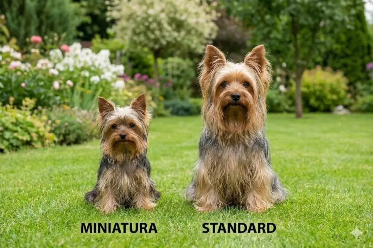 Dwa yorki na trawie: miniaturowy i standardowy. Waga tych uroczych psów może się różnić.