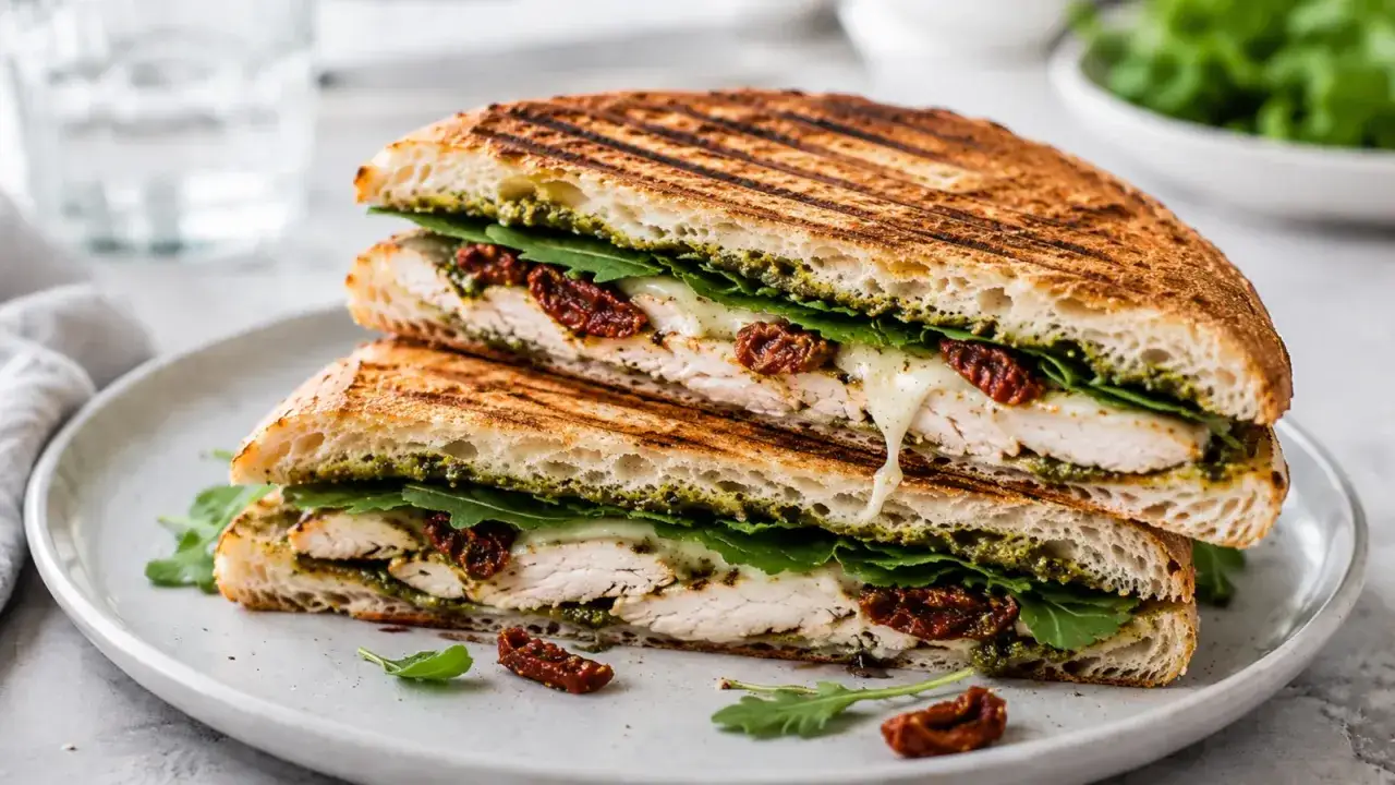 Pyszne panini z kurczakiem, rukolą, suszonymi pomidorami i pesto. Idealny przepis na szybki obiad.