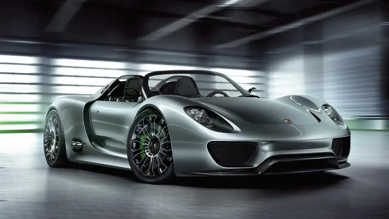Srebrny Porsche 918 Spyder z zielonymi zaciskami hamulcowymi, gotowy do jazdy po torze.