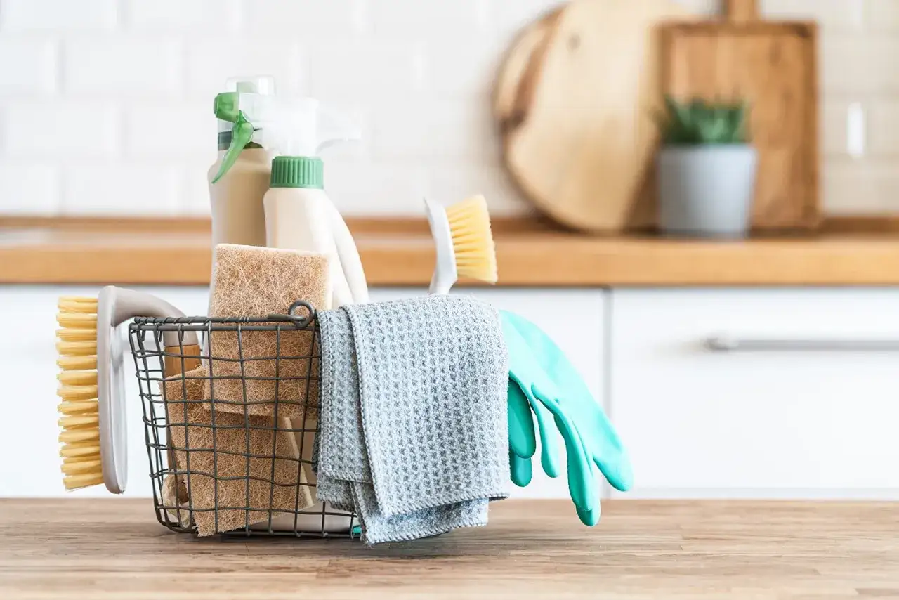 Cesta con productos de limpieza: botellas, esponjas, cepillos, guantes y paño. ¡Todo listo para aplicar trucos para limpiar la casa a fondo!