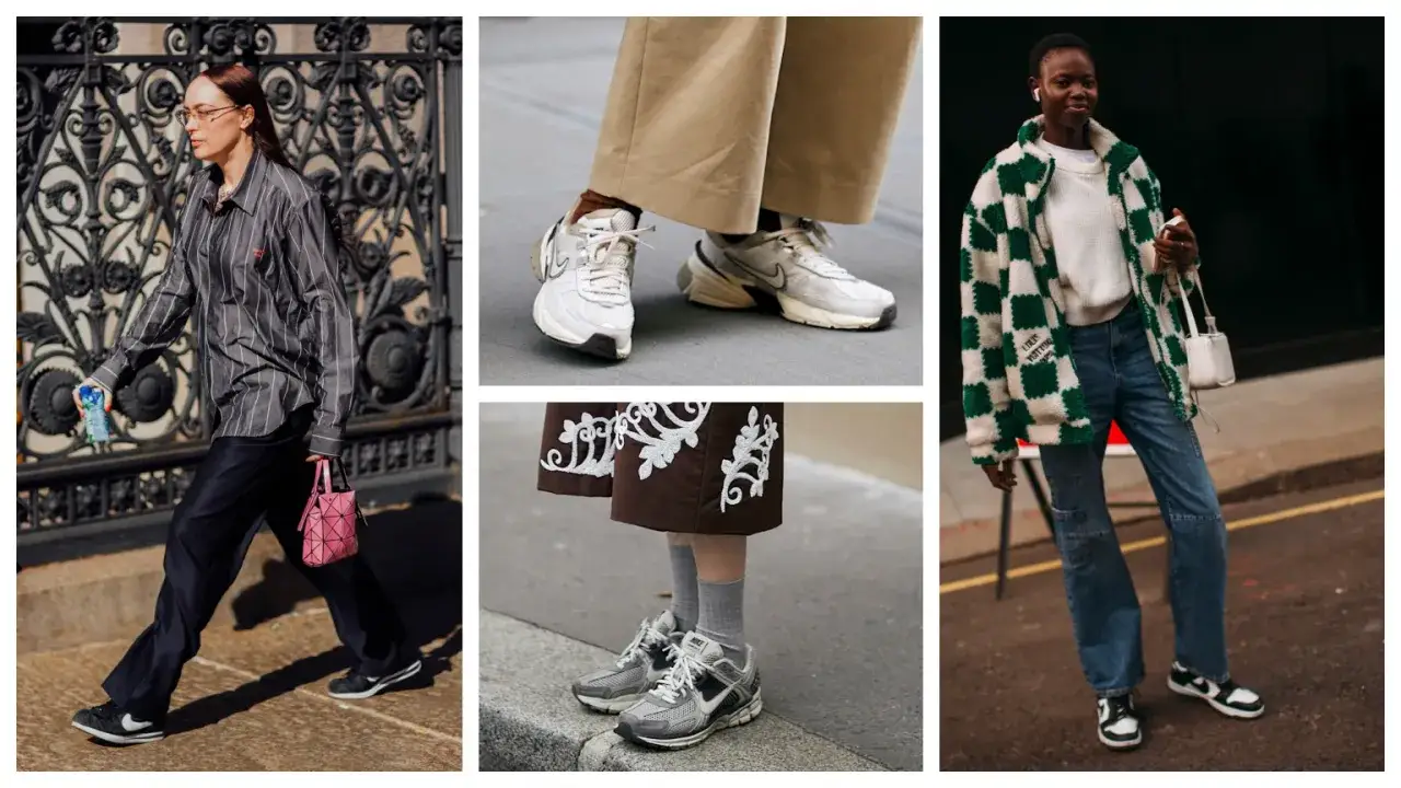 Drei Personen pr&auml;sentieren l&auml;ssige Outfits mit Schuhen der Nike Firma.