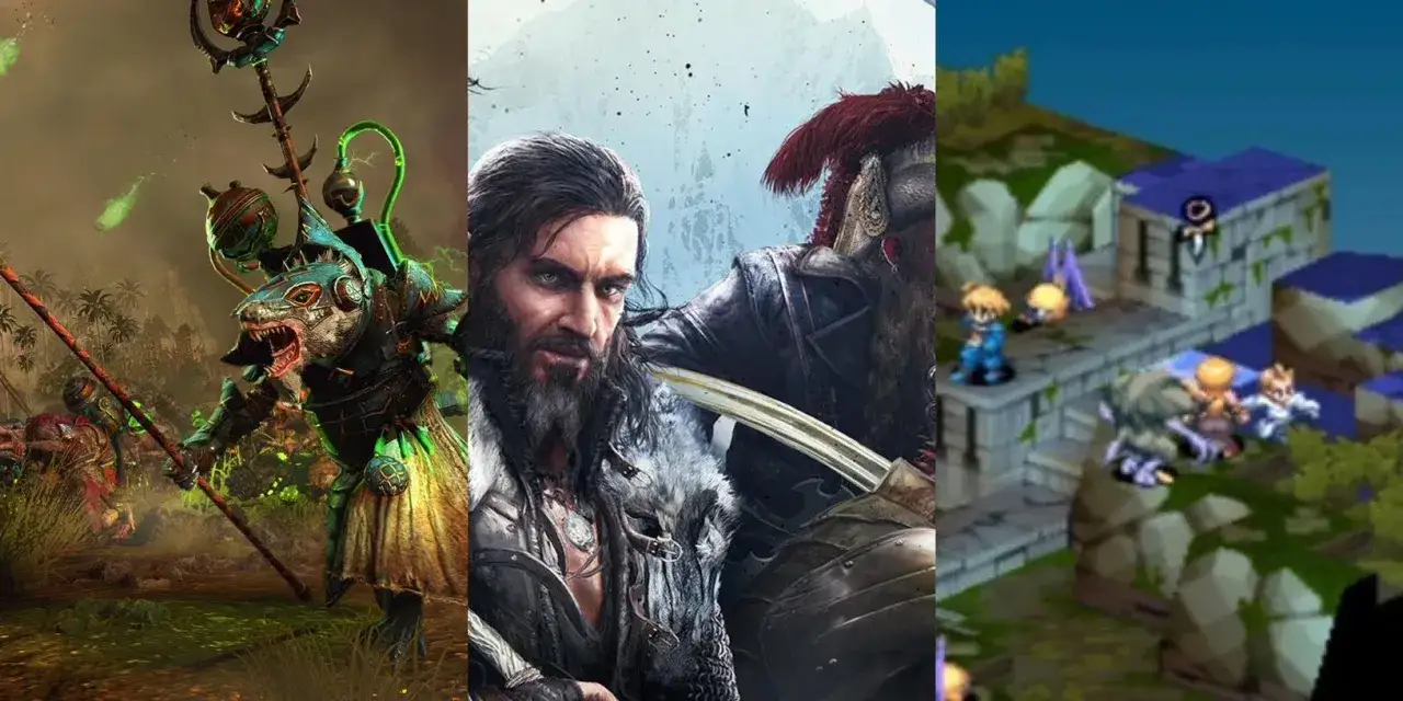 Trzy sceny z gier: potw&oacute;r w zbroi, dwaj wojownicy i bitwa w stylu pixel art. Opowieści o podbojach.