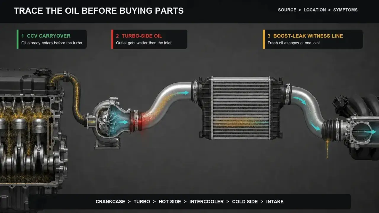 Schemat silnika z widocznym przepływem oleju. Olej w dolocie, od skrzyni korbowej przez turbosprężarkę i intercooler, aż do kolektora dolotowego.