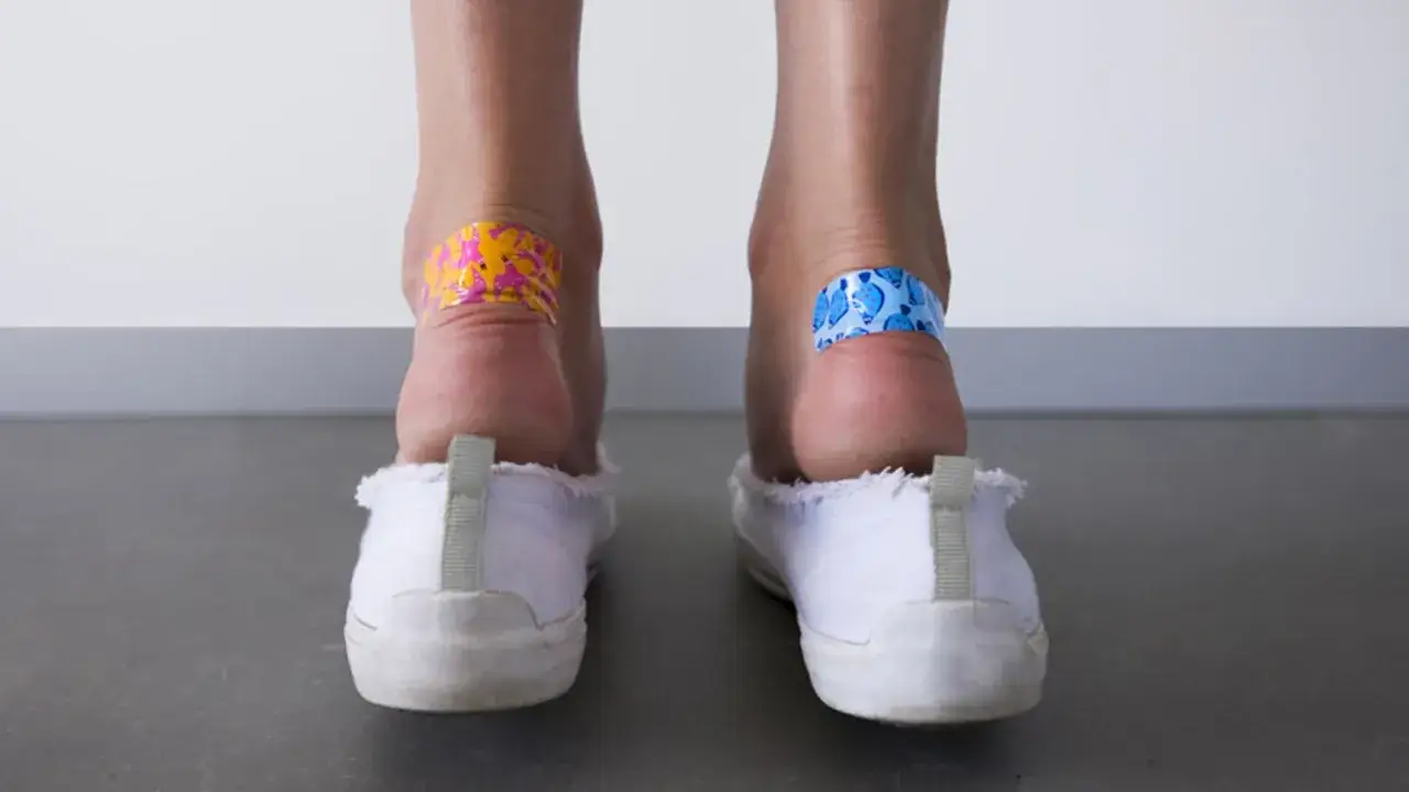 Dwie pięty z kolorowymi plastrami, białe trampki. Odpowiedź na pytanie, dlaczego buty obcierają.