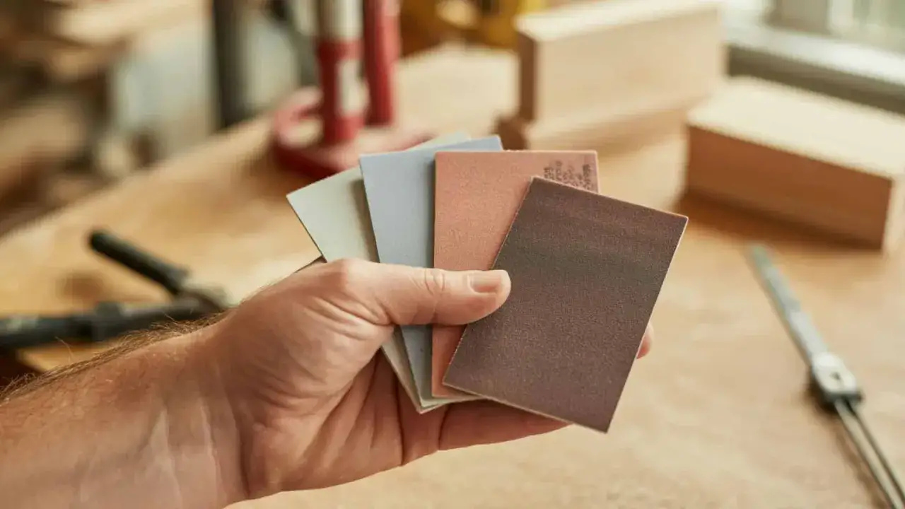 Mano che tiene diverse carte abrasive per carteggiare legno, pronte per levigare e rifinire.