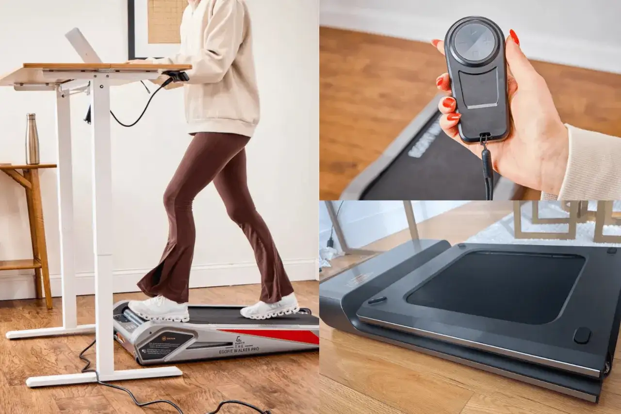Leiser Walking Pad Testsieger: Frau arbeitet am Stehschreibtisch, während sie auf dem Laufband geht. Fernbedienung und Nahaufnahme des Geräts.