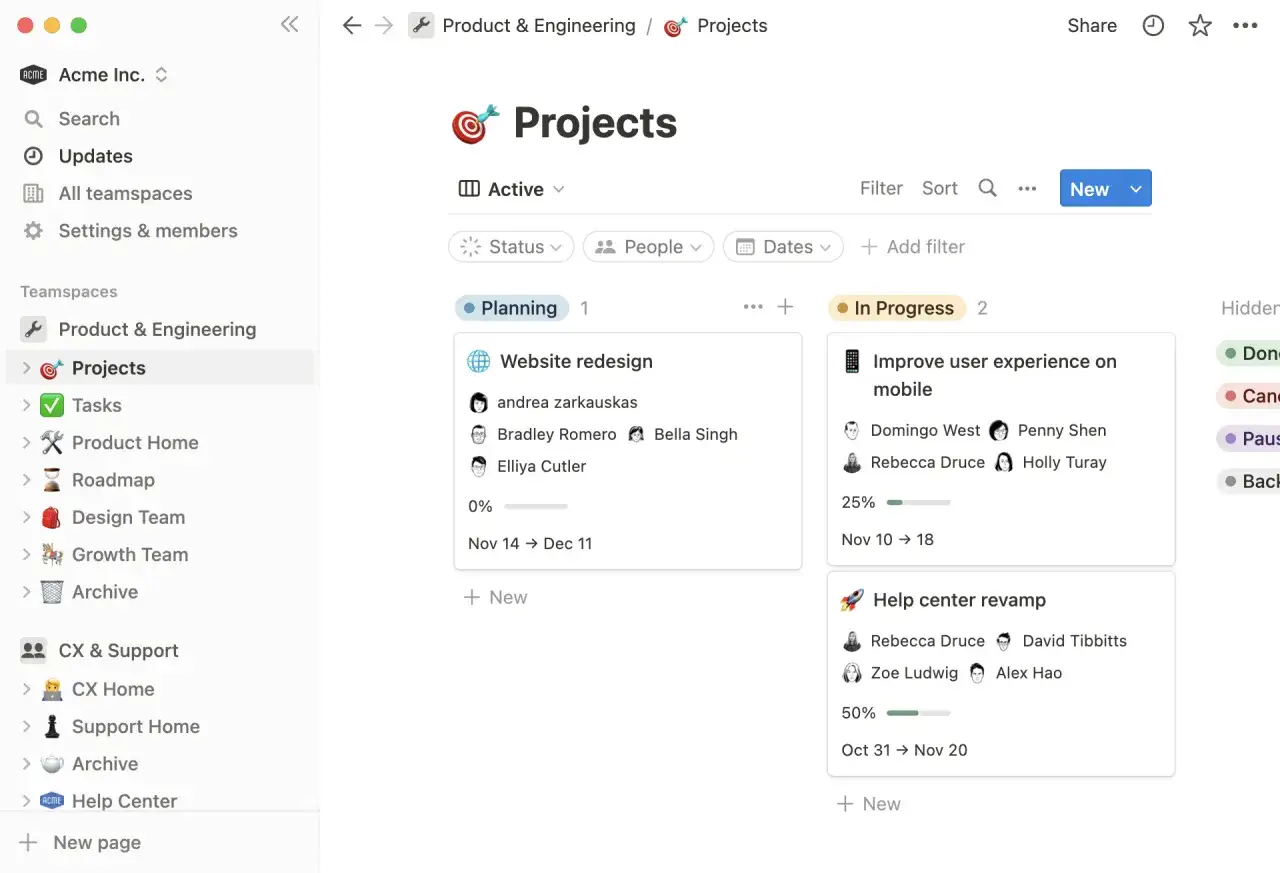 Widok tablicy projektów w aplikacji Notion. Widoczne są projekty