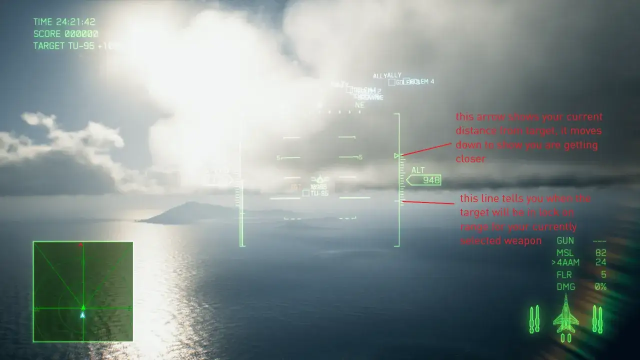 Wskazówki do Ace Combat 7: HUD pokazuje odległość do celu, wysokość, prędkość i amunicję. Strzałka informuje o zbliżaniu się.