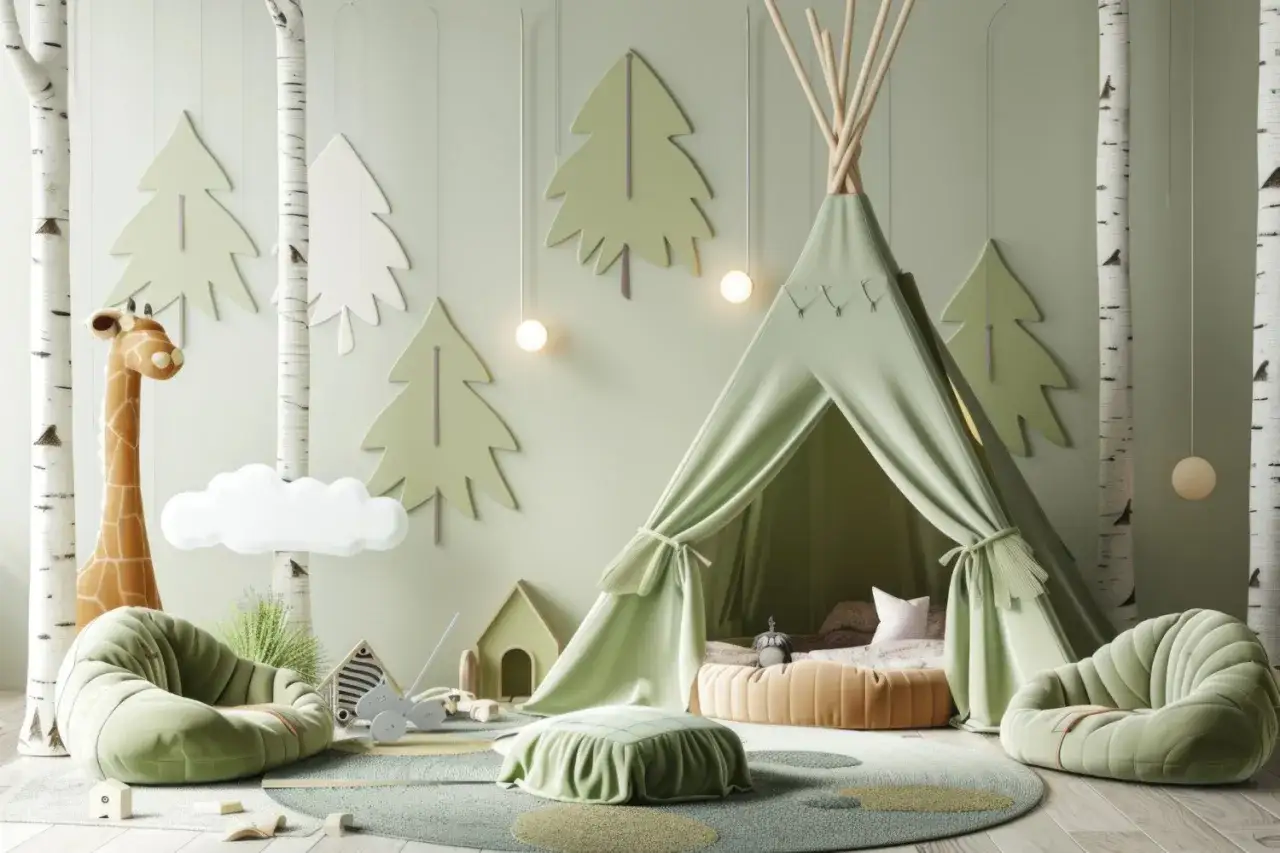 Pokój 3 latki inspiracje: zielony namiot tipi, pluszowa żyrafa, fotele i dekoracje w leśnym stylu.