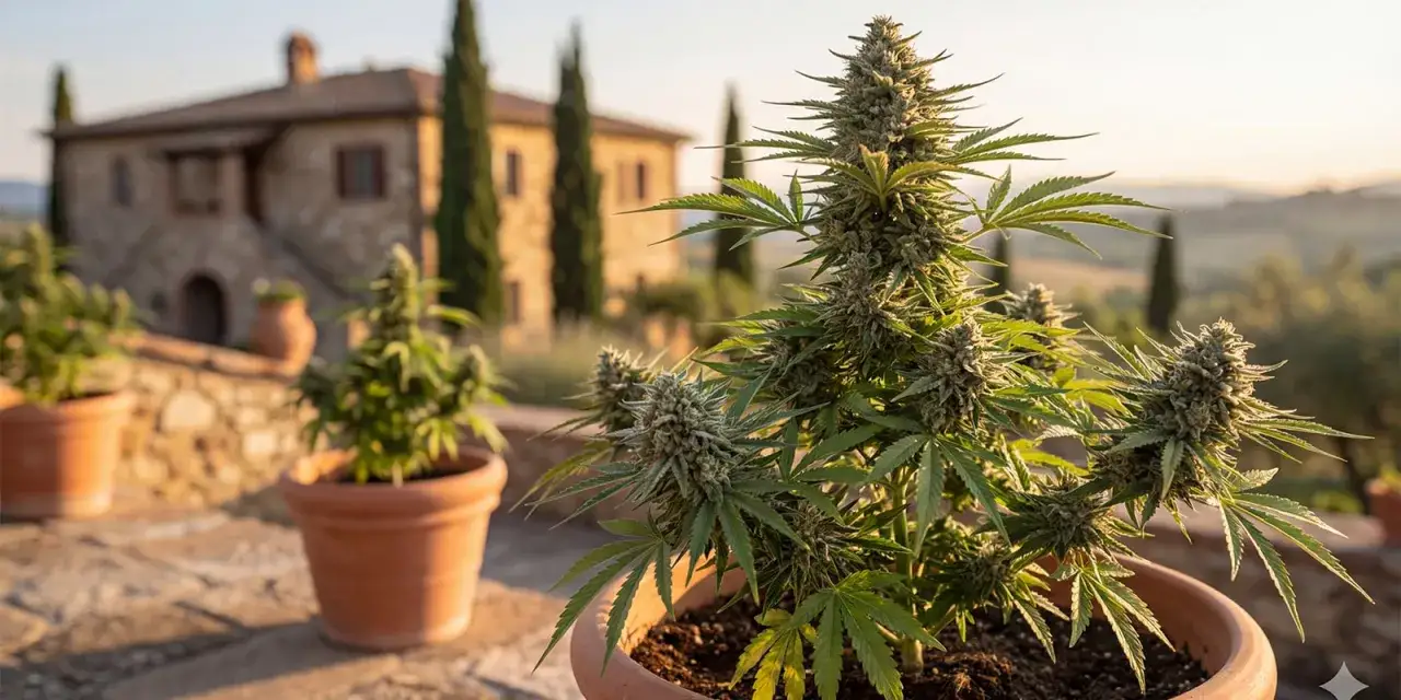 Piante di marijuana outdoor in vaso, con una casa in pietra e cipressi sullo sfondo, al tramonto.