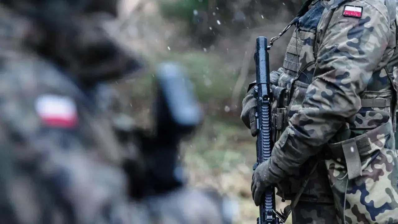 Żołnierz zawodowy w kamuflażu, z karabinem w ręku, podczas opadów śniegu. Na ramieniu widoczna polska flaga.