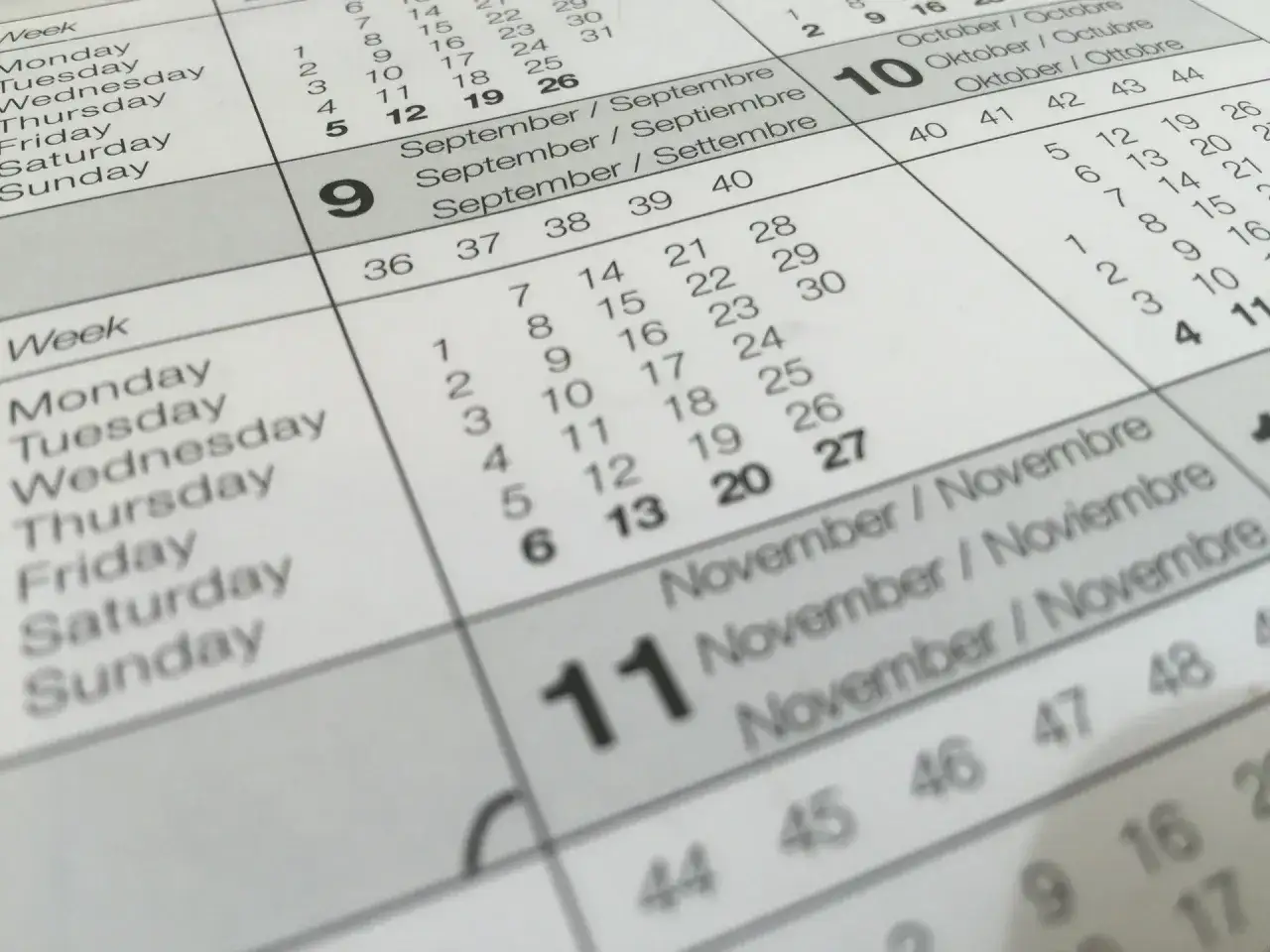 Kalendarz pokazuje miesiące po francusku: Septembre, Octobre, Novembre. Widoczne są dni tygodnia i numery dni.