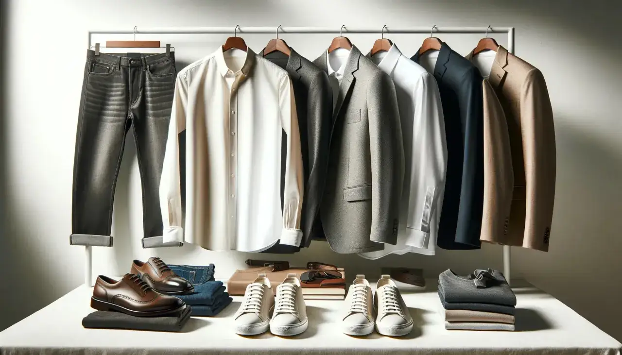 Eine Garderobe, die zeigt, wie viel Kleidung man braucht: Jeans, Hemden, Anz&uuml;ge, Schuhe und Pullover.