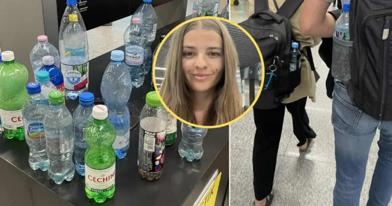 Kobieta z plecakiem i butelkami wody. Czy można przewozić kubek w bagażu podręcznym? Zależy od jego wielkości i materiału.