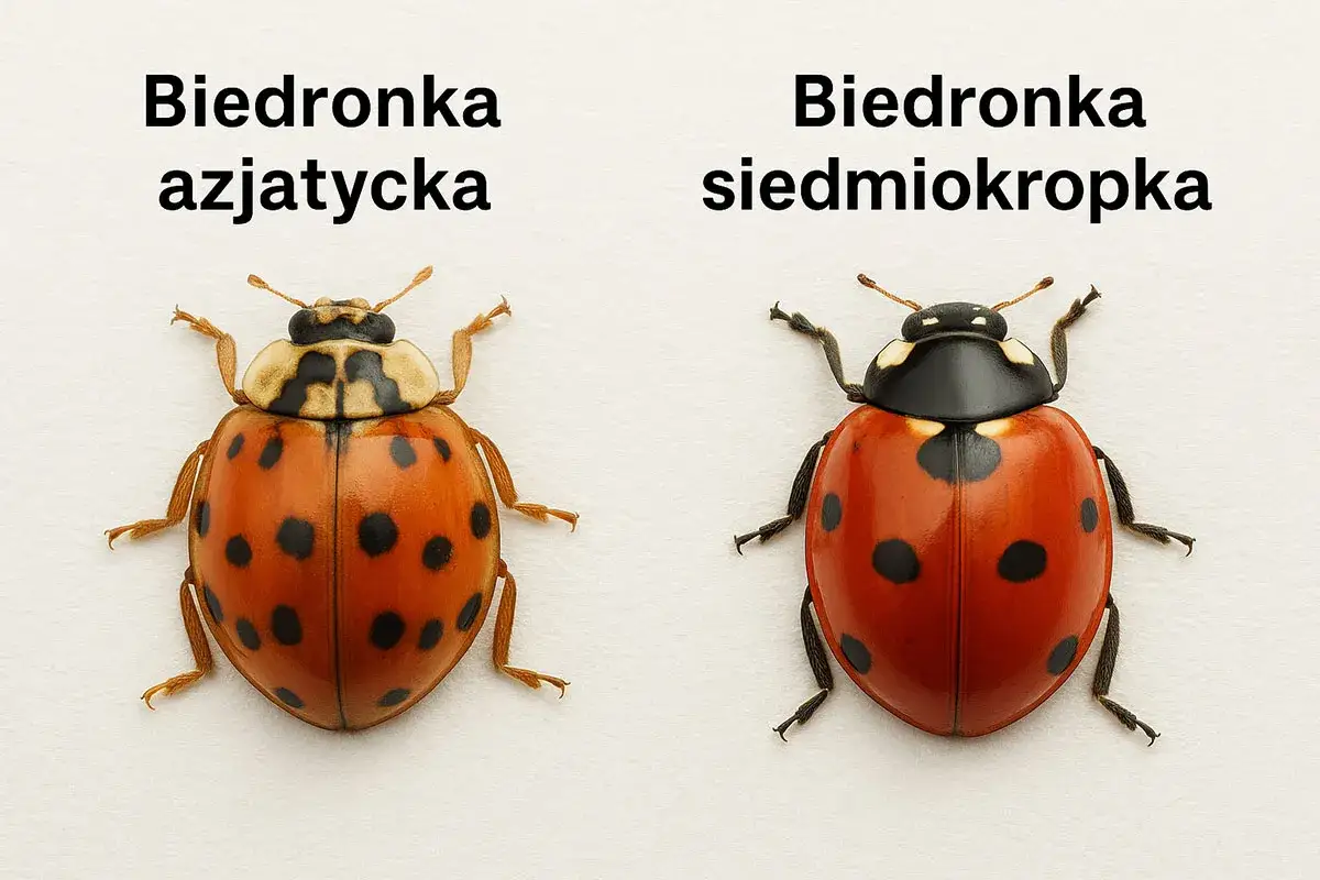 Dwie biedronki: po lewej biedronka azjatycka z charakterystycznym wzorem na przedpleczu, po prawej biedronka siedmiokropka.