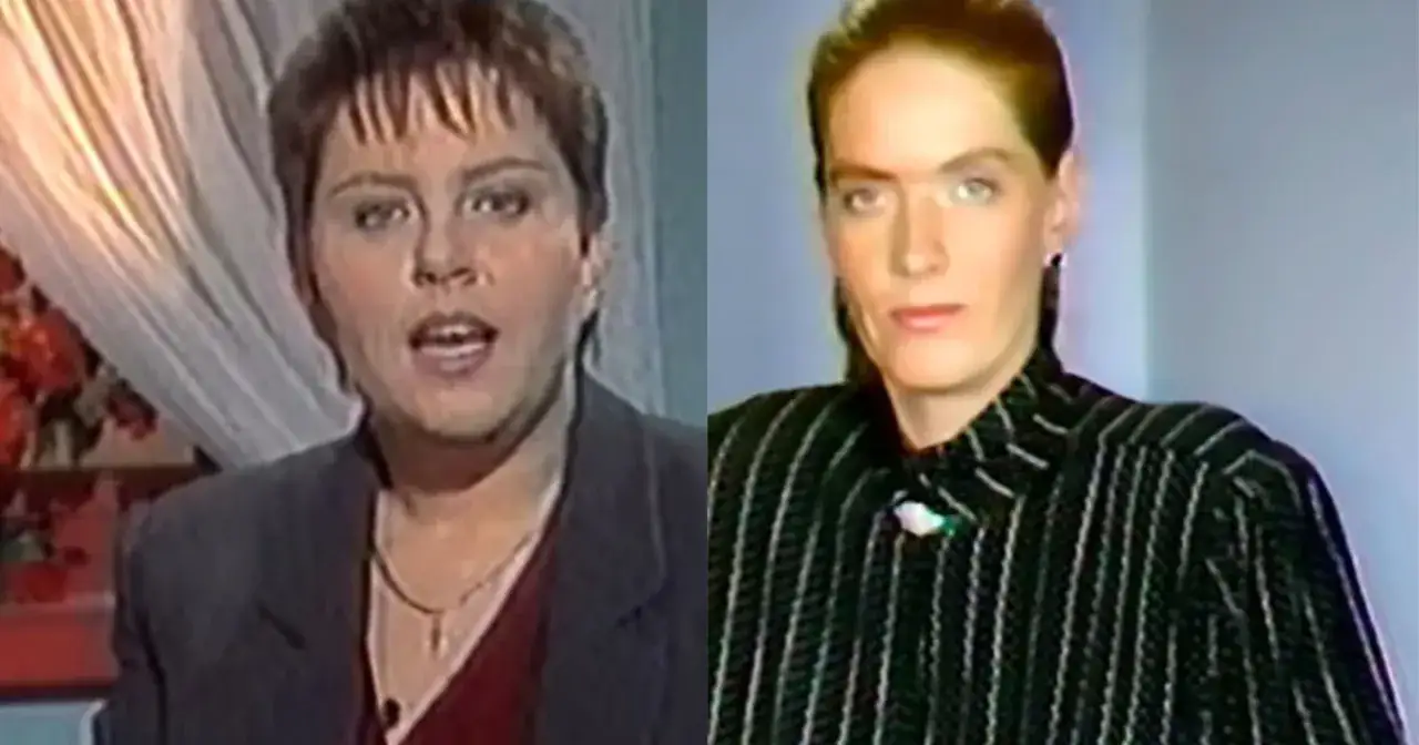 Dorota Wellman, 17 lat, w czarnej marynarce i z naszyjnikiem. Obok ona w pasiastym żakiecie.